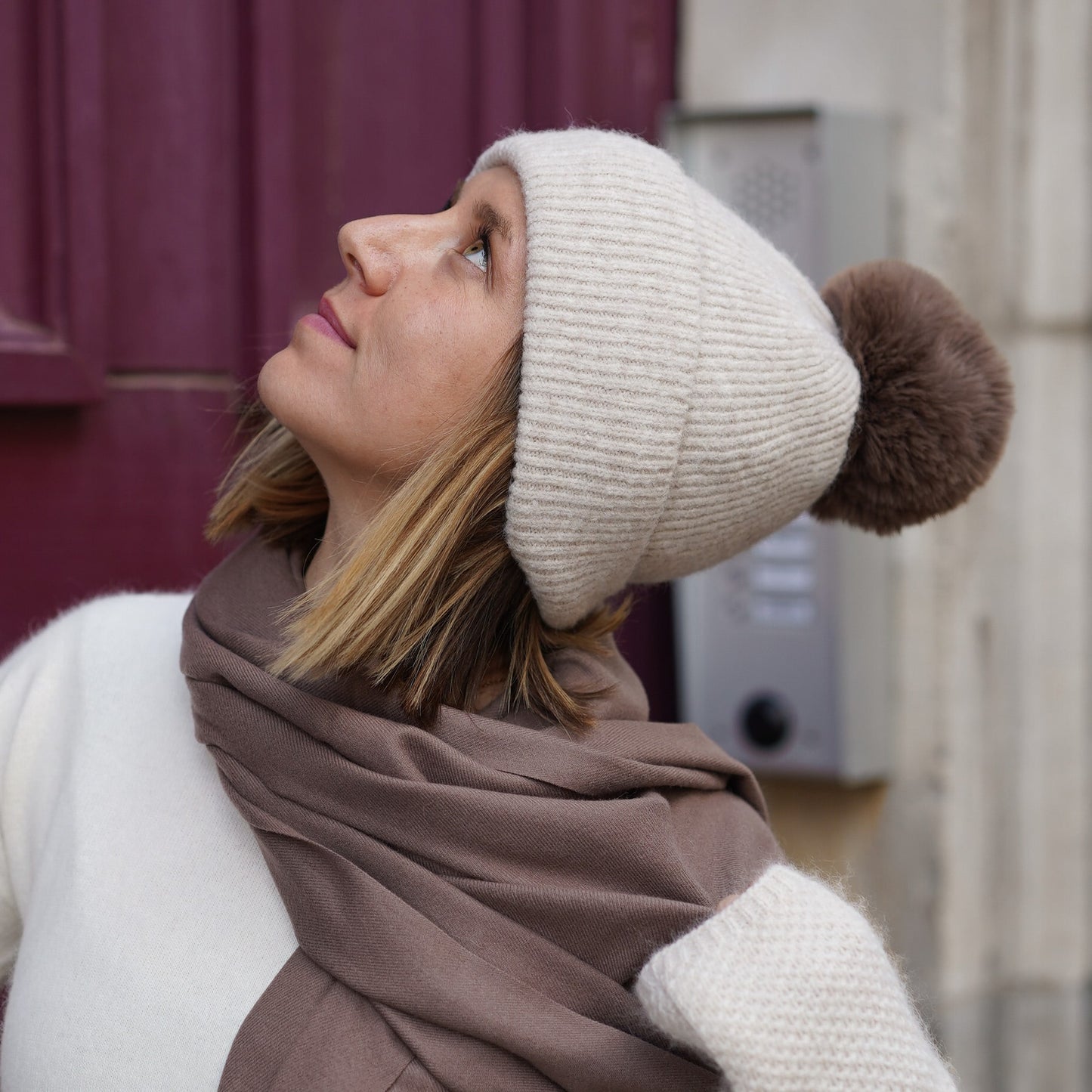 Trio cachemire — écharpe + bonnet + mitaines | Beige et Taupe