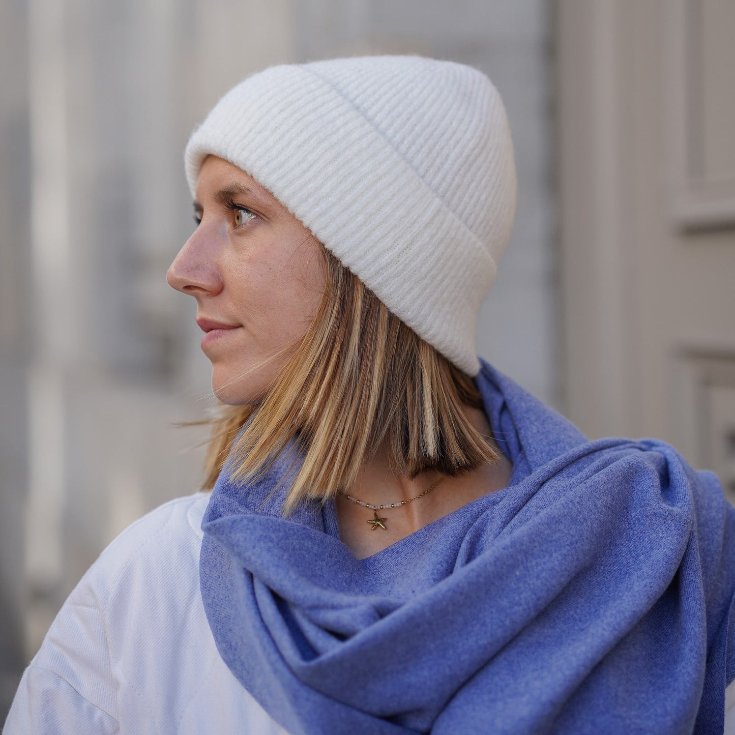 Trio cachemire — écharpe + bonnet + mitaines | Ivoire et Bleu chiné