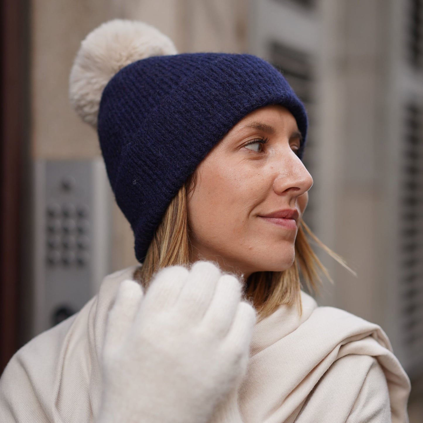 Trio cachemire — écharpe + bonnet + gants | Beige et Bleu marine