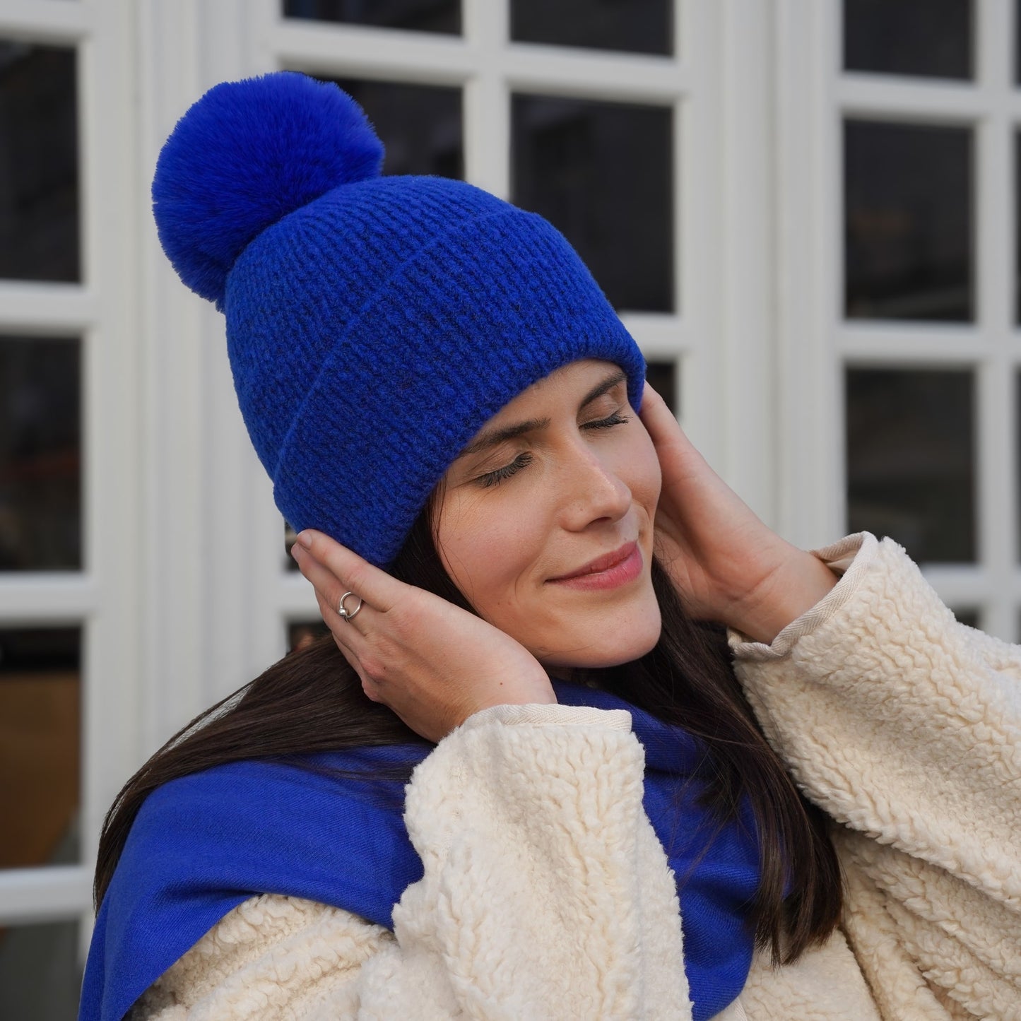 Trio cachemire — écharpe + bonnet + gants | Bleu roi