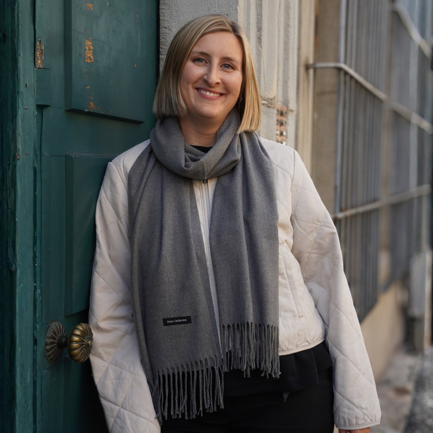 Trio cachemire — écharpe + bonnet + mitaines | Gris chiné