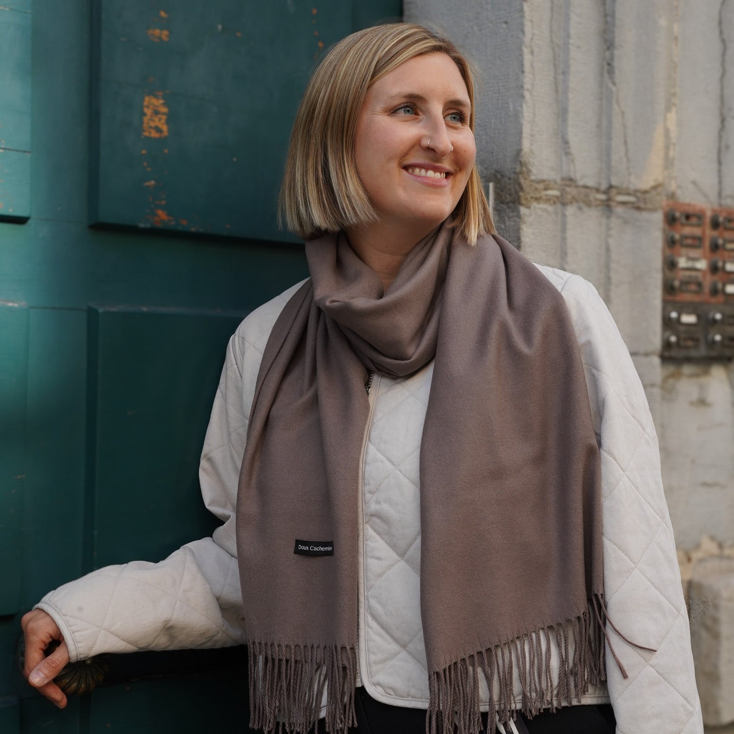 Trio cachemire — écharpe + bonnet + mitaines | Beige et Taupe