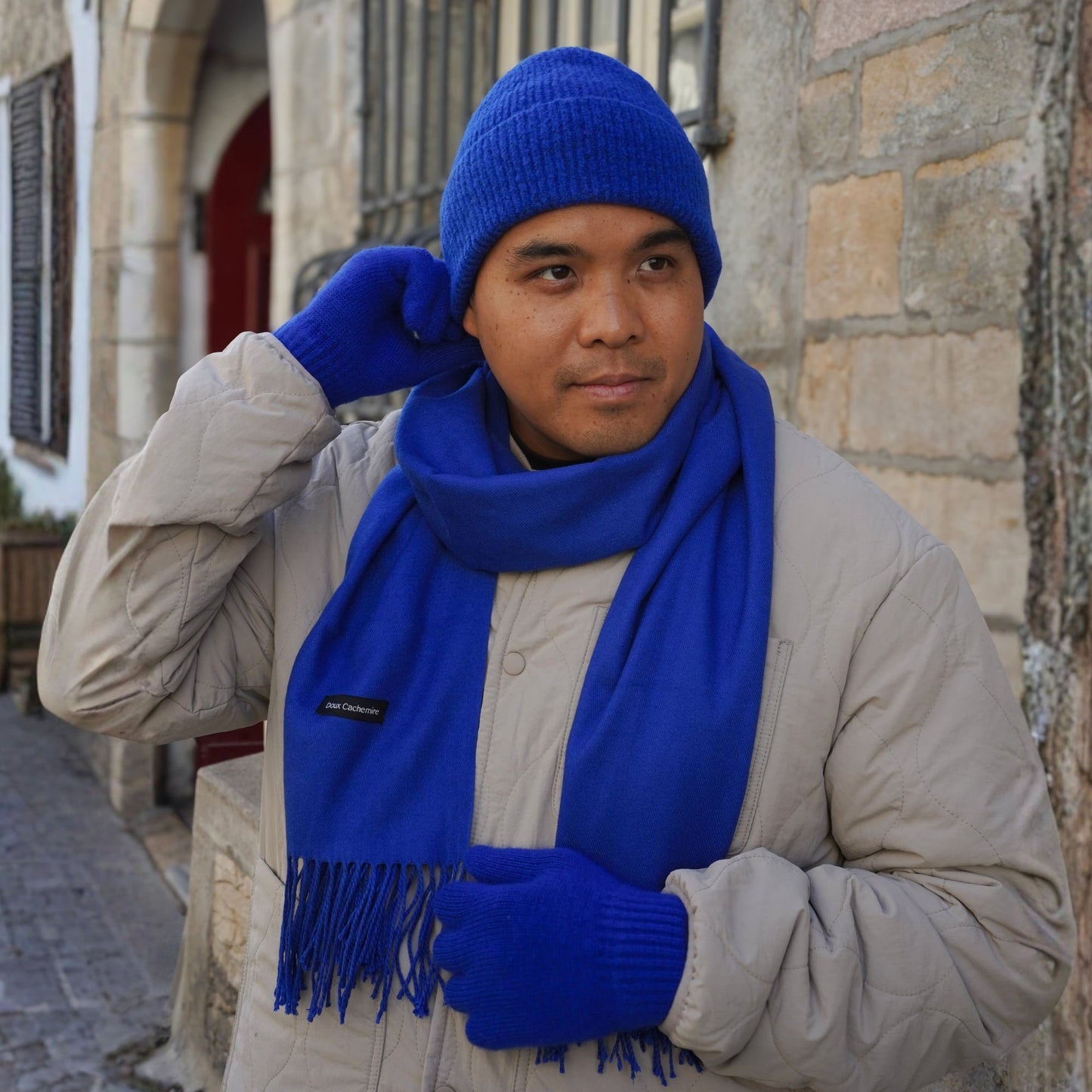 Trio cachemire — écharpe + bonnet + gants | Bleu roi