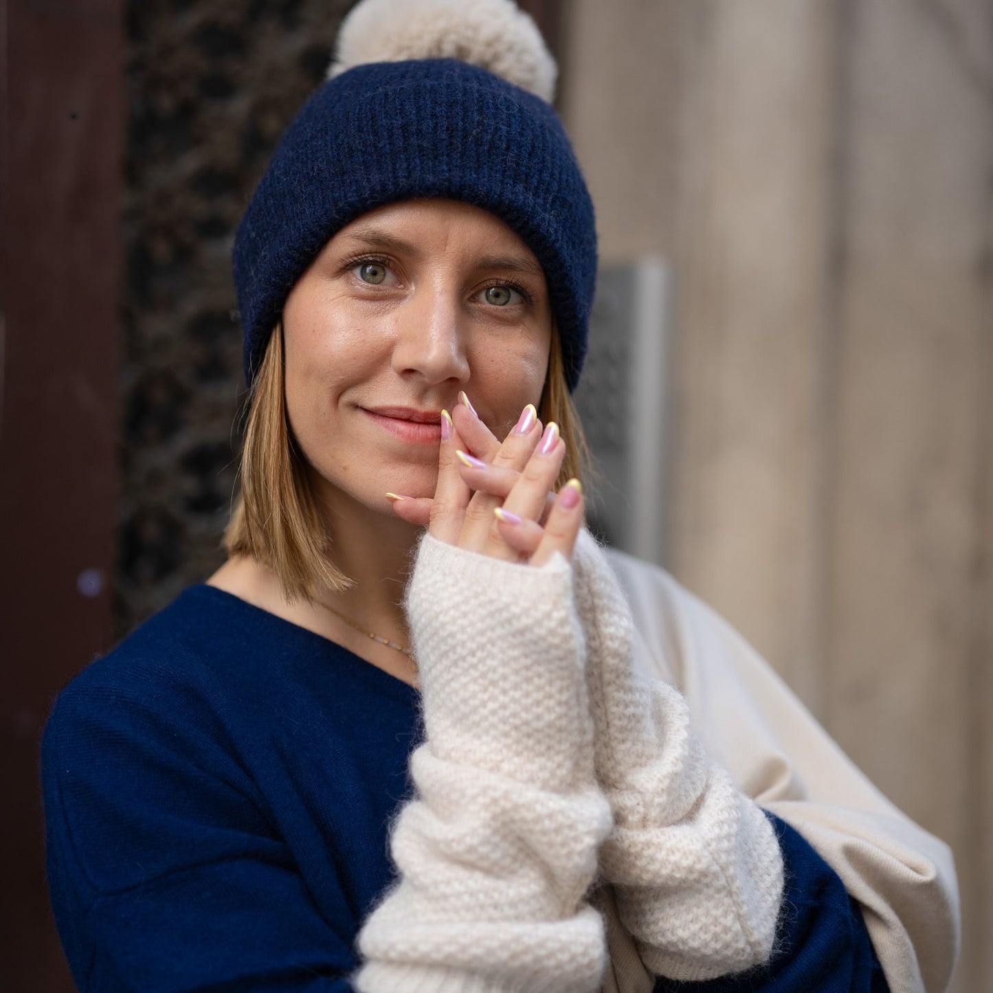 Trio cachemire — écharpe + bonnet + mitaines | Beige et Bleu marine