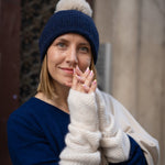 Trio cachemire — écharpe + bonnet + mitaines | Beige et Bleu marine