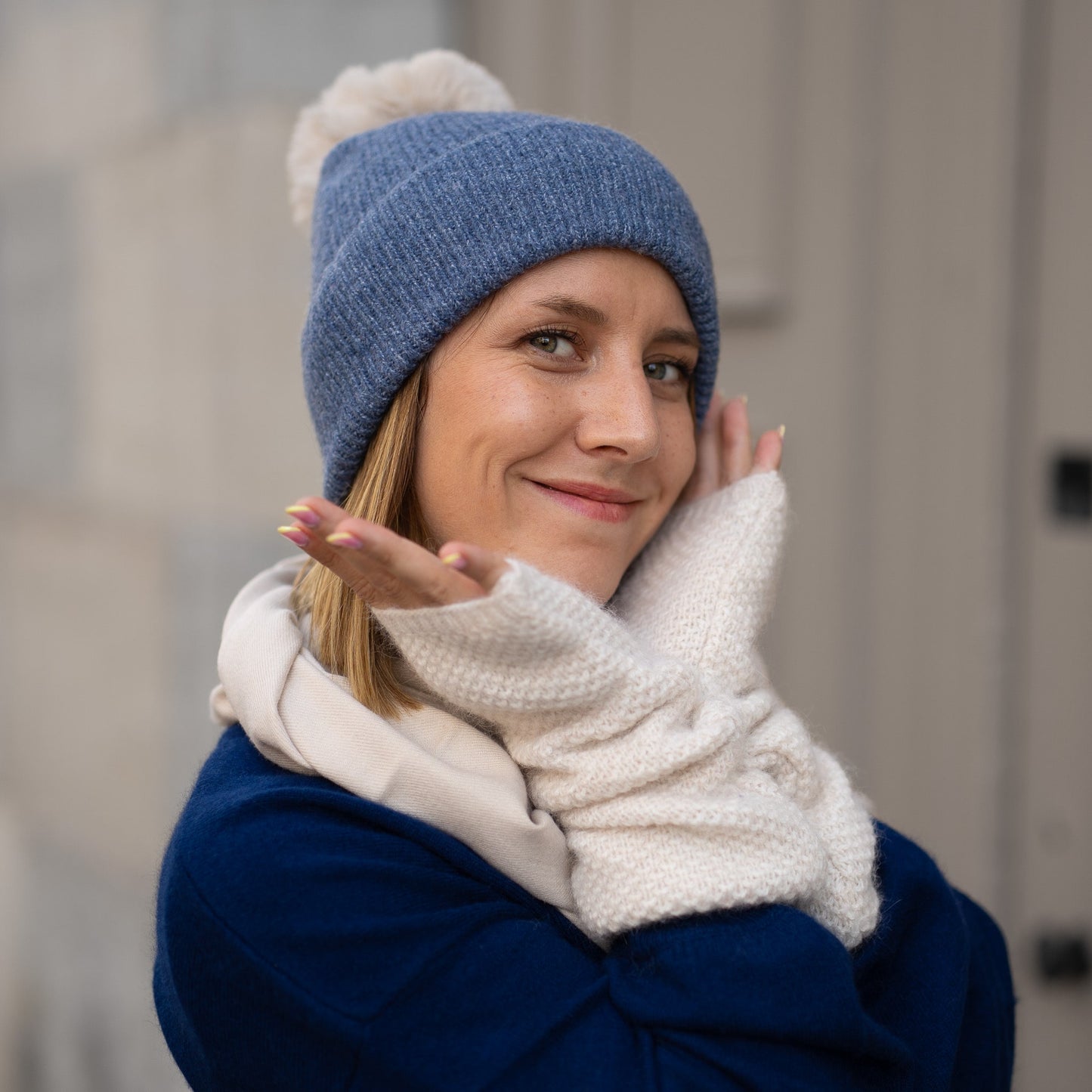 ensemble cachemire bleu beige