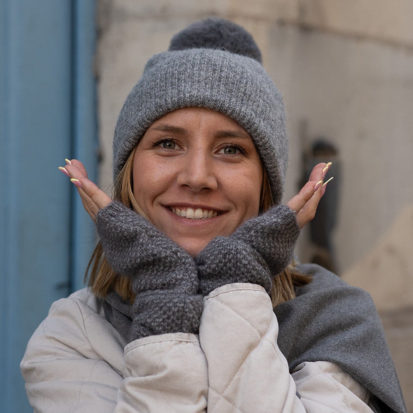 Trio cachemire — écharpe + bonnet + mitaines | Gris chiné