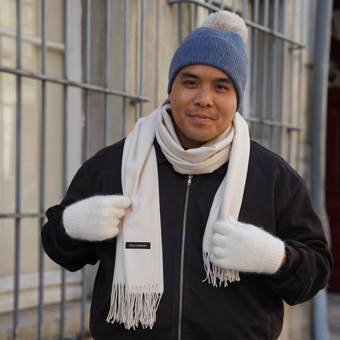 Trio cachemire — écharpe + bonnet + gants | Beige et Bleu chiné