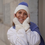 Trio cachemire — écharpe + bonnet + mitaines | Ivoire et Bleu chiné