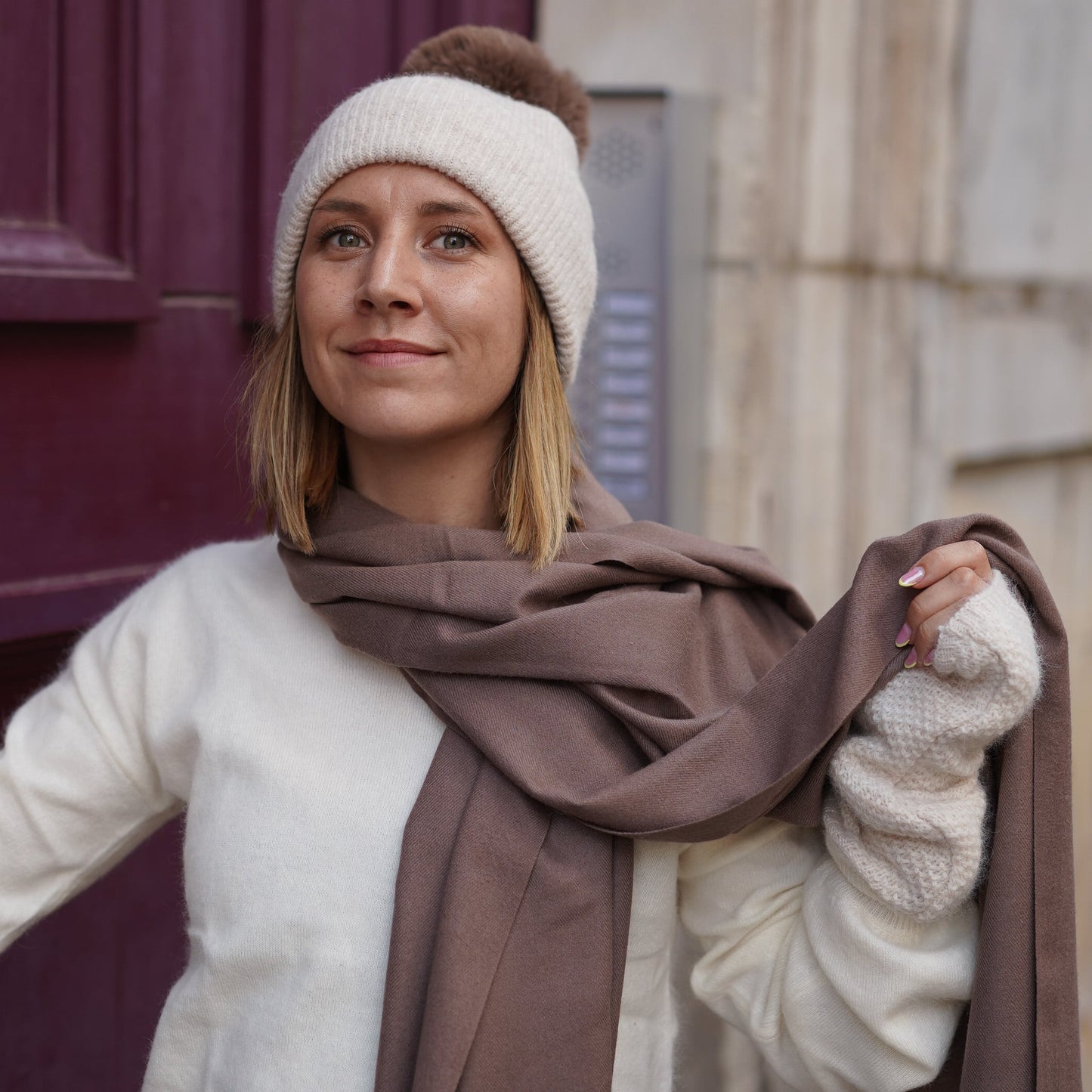 Trio cachemire — écharpe + bonnet + mitaines | Beige et Taupe