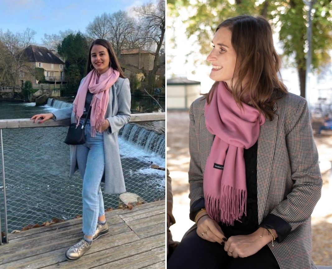 manteau gris echarpe rose femme