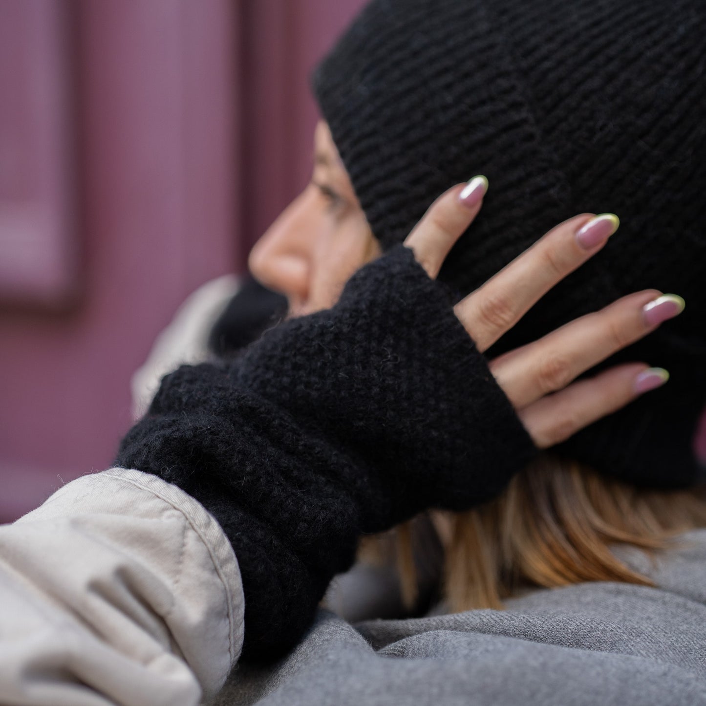Trio cachemire — écharpe + bonnet + mitaines | Gris chiné et Noir