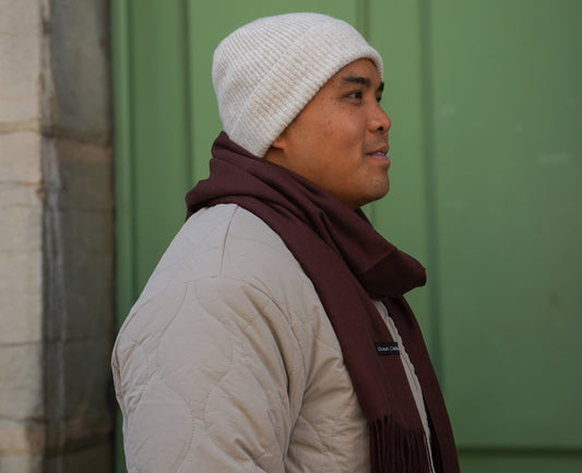 écharpe laine marron et bonnet gris homme cachemire