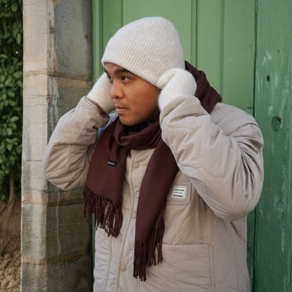 Trio cachemire — écharpe + bonnet + gants | Beige et Marron