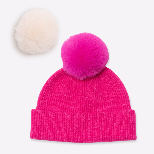 Bonnet cachemire fuchsia pompon