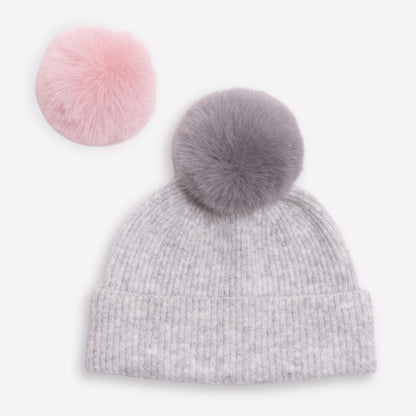 Bonnet cachemire gris pompon