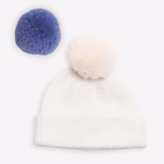 Bonnet cachemire blanc pompon