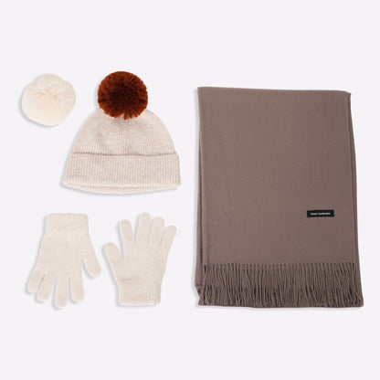 Trio cachemire — écharpe + bonnet + gants | Beige et Taupe