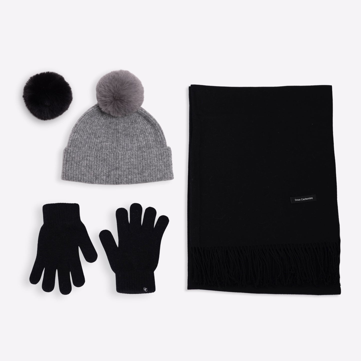 Trio cachemire — écharpe + bonnet + gants | Noir et Gris chiné