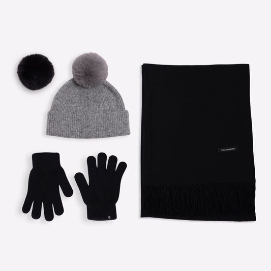 Trio cachemire — écharpe + bonnet + gants | Noir et Gris chiné