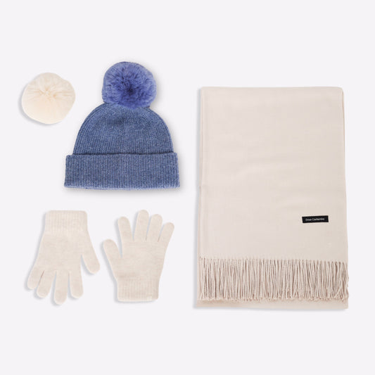 Trio cachemire — écharpe + bonnet + gants | Beige et Bleu chiné