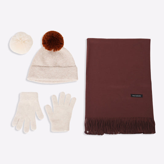 Trio cachemire — écharpe + bonnet + gants | Beige et Marron