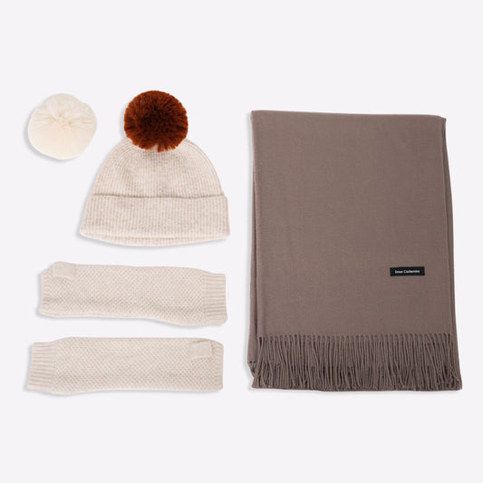 Trio cachemire — écharpe + bonnet + mitaines | Beige et Taupe