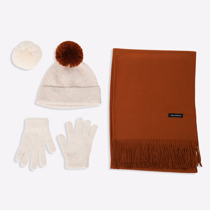 Trio cachemire — écharpe + bonnet + gants | Beige et cuivre
