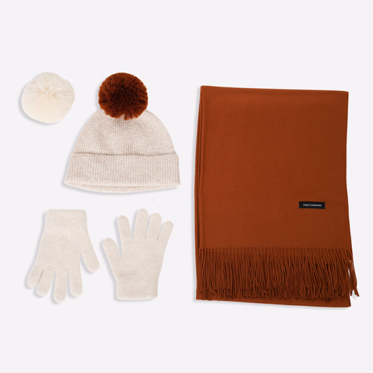 Trio cachemire — écharpe + bonnet + gants | Beige et cuivre