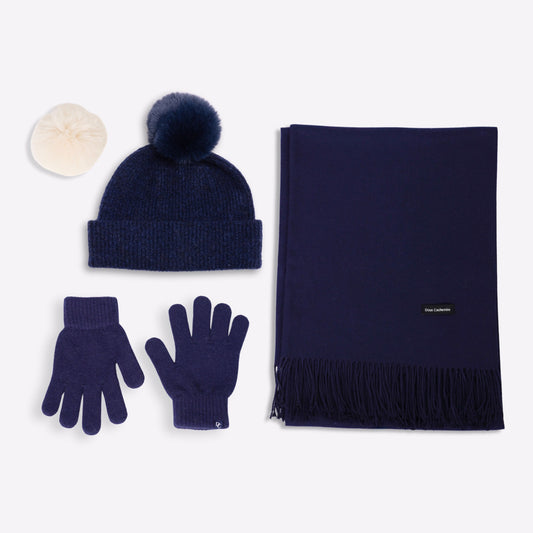Trio cachemire — écharpe + bonnet + gants | Bleu marine