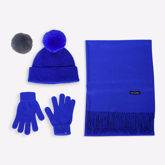 Trio cachemire — écharpe + bonnet + gants | Bleu roi