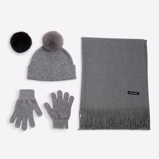 Trio cachemire — écharpe + bonnet + gants | Gris chiné