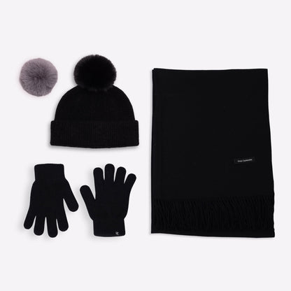 Trio cachemire — écharpe + bonnet + gants | Noir