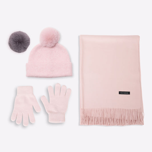 Trio cachemire — écharpe + bonnet + gants | Rose poudré