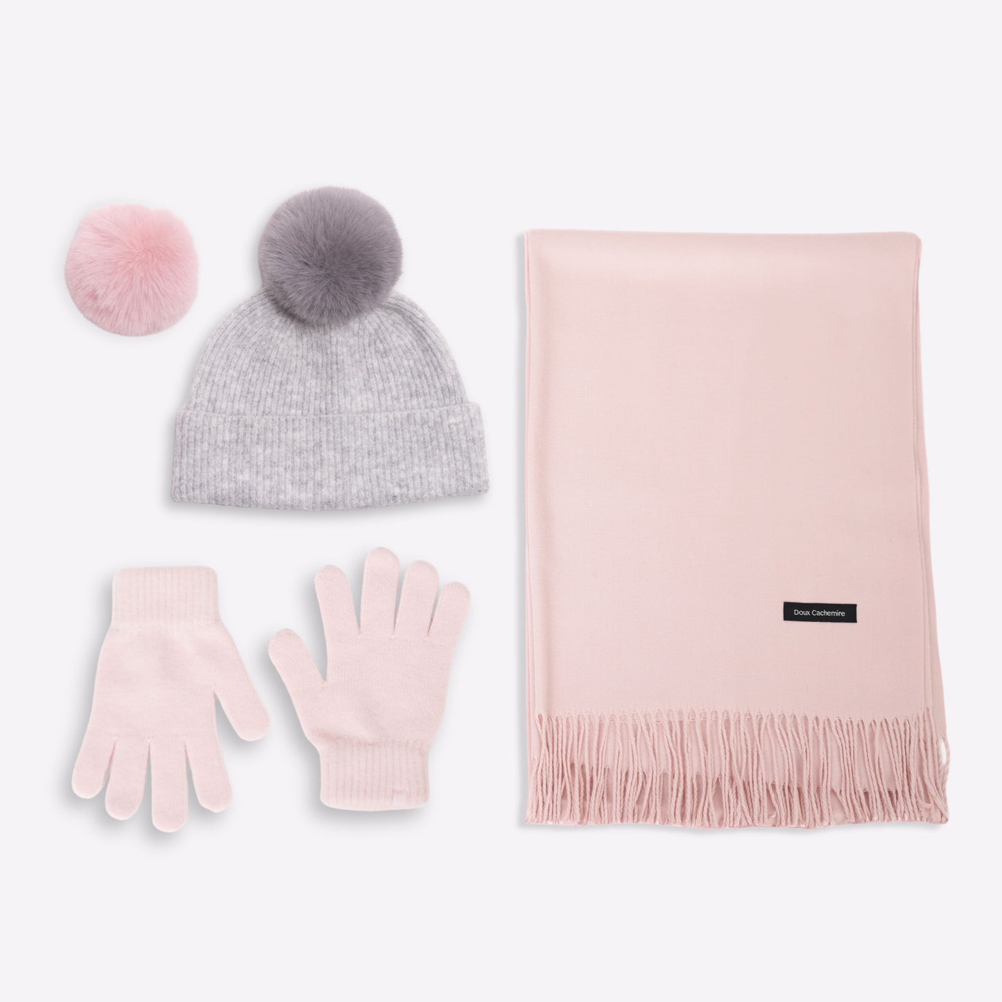 Trio cachemire — écharpe + bonnet + gants | Rose poudré et Gris