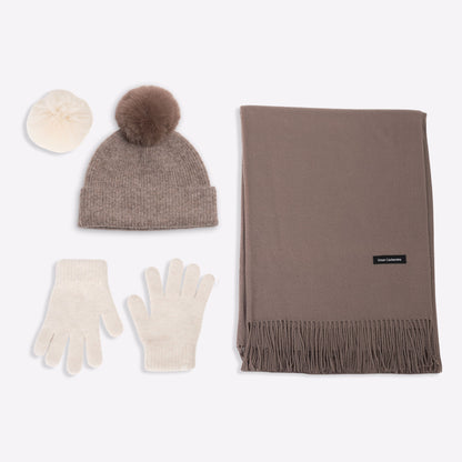 Trio cachemire — écharpe + bonnet + gants | Taupe et Beige