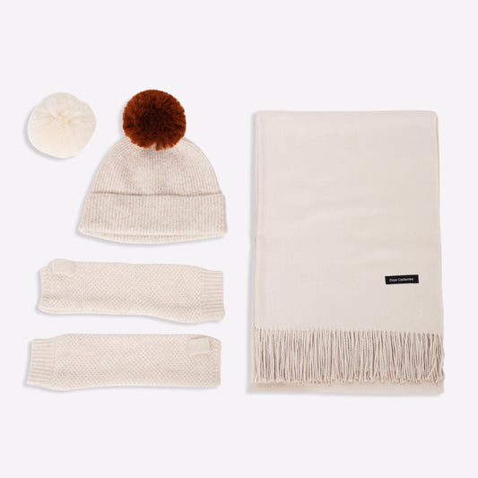 Trio cachemire — écharpe + bonnet + mitaines | Beige