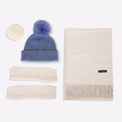 Trio cachemire — écharpe + bonnet + mitaines | Beige et Bleu chiné