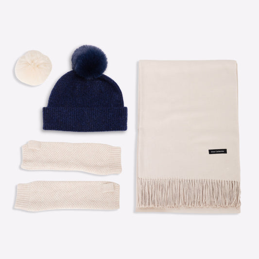 Trio cachemire — écharpe + bonnet + mitaines | Beige et Bleu marine
