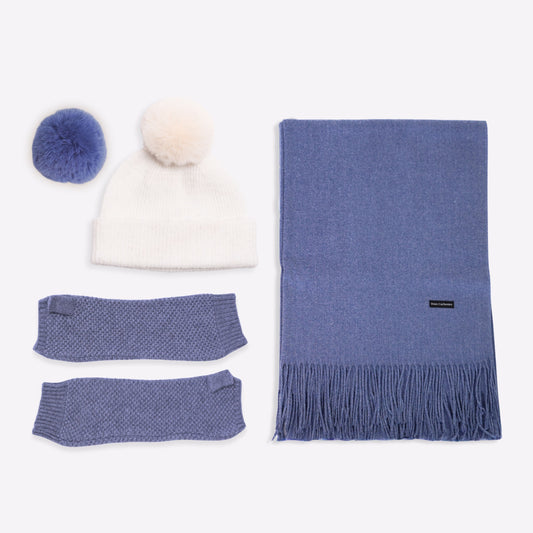 Trio cachemire — écharpe + bonnet + mitaines | Bleu chiné et Ivoire