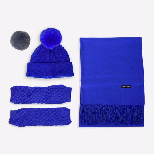 Trio cachemire — écharpe + bonnet + mitaines | Bleu roi