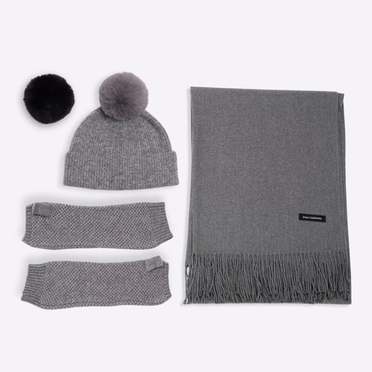 Trio cachemire — écharpe + bonnet + mitaines | Gris chiné