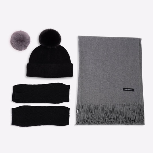 Trio cachemire — écharpe + bonnet + mitaines | Gris chiné et Noir