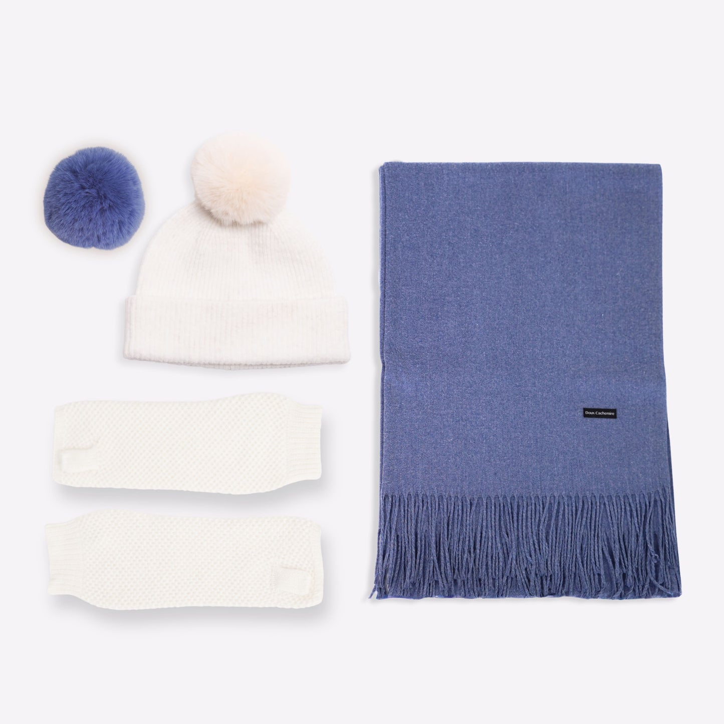 Trio cachemire — écharpe + bonnet + mitaines | Ivoire et Bleu chiné