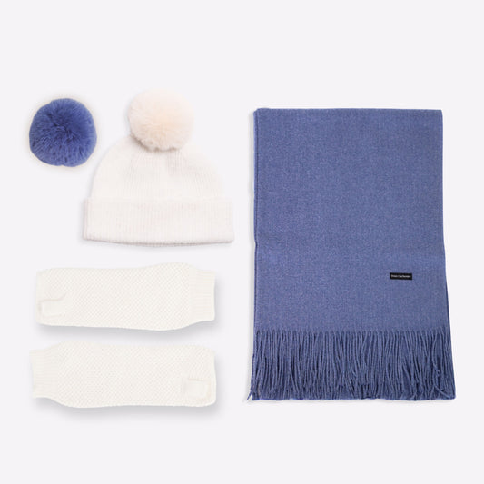 Trio cachemire — écharpe + bonnet + mitaines | Ivoire et Bleu chiné