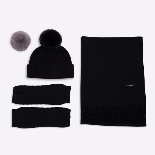 Trio cachemire — écharpe + bonnet + mitaines | Noir