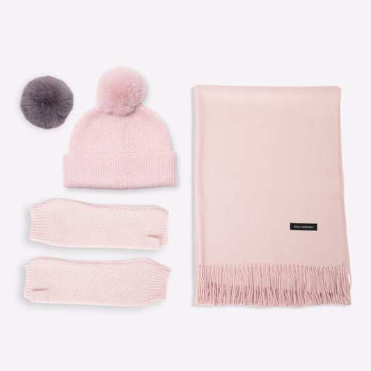 Trio cachemire — écharpe + bonnet + mitaines | Rose poudré