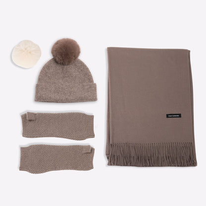 Trio cachemire — écharpe + bonnet + mitaines | Taupe