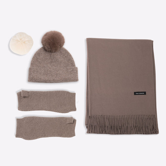 Trio cachemire — écharpe + bonnet + mitaines | Taupe