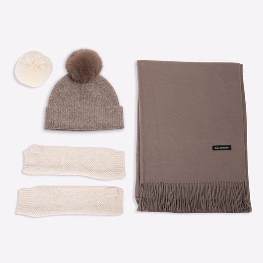 Trio cachemire — écharpe + bonnet + mitaines | Taupe et Beige